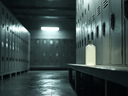 gym locker room. There are no people, it's empty, there is one single shampoo bottle sitting in or on a locker. The lighting is cool, the locker room isn't dirty but it is dated looking.