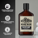 Weatherbeard Supply Co. Basecamp unscented beard wash in an amber glass bottle with a black cap and cream label, shown on a gray background with three white feature icons on the left.