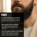 Close-up of a man with a full beard next to a black FAQ text panel discussing beard washing and care.