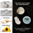 Textured cream with ingredients and product details on a dark background
