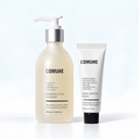 Comune Essentials Face Cleanswer and Hydra Shroom Cream on a white counter.