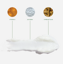 Illustration of skincare product ingredients with labels for Vitamin E, Glycerin, and Symrelief @100 on a white background.