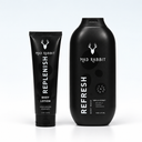 Mad Rabbit's body wash and body lotion on a white shelf.