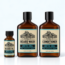 Weatherbeard Arctic Chill oil, wash and conditioner on a white shelf.