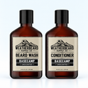 Weatherbeard Basecamp Unscented beard shampoo and conditioner on a white shelf.