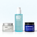 The three products in the dry skin routine for men on a white shelf.