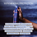 Hand holding a blue spray bottle labeled 'nature' with text about product features on a dark background.